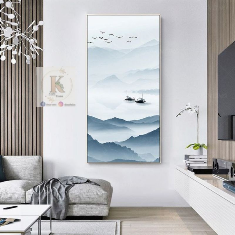 lukisan pemandangan gunung aesthetic dingin hiasan dinding