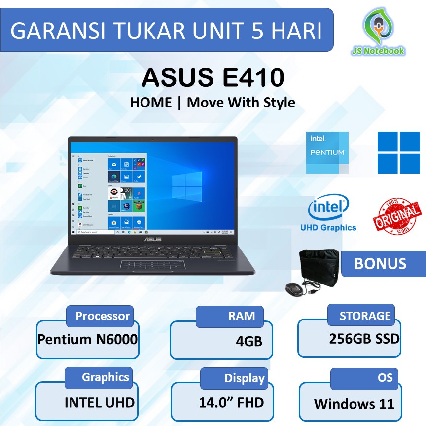 ASUS E410 PENTIUM SILVER N6000  4GB 256SSD W11+OHS 14.0FHD