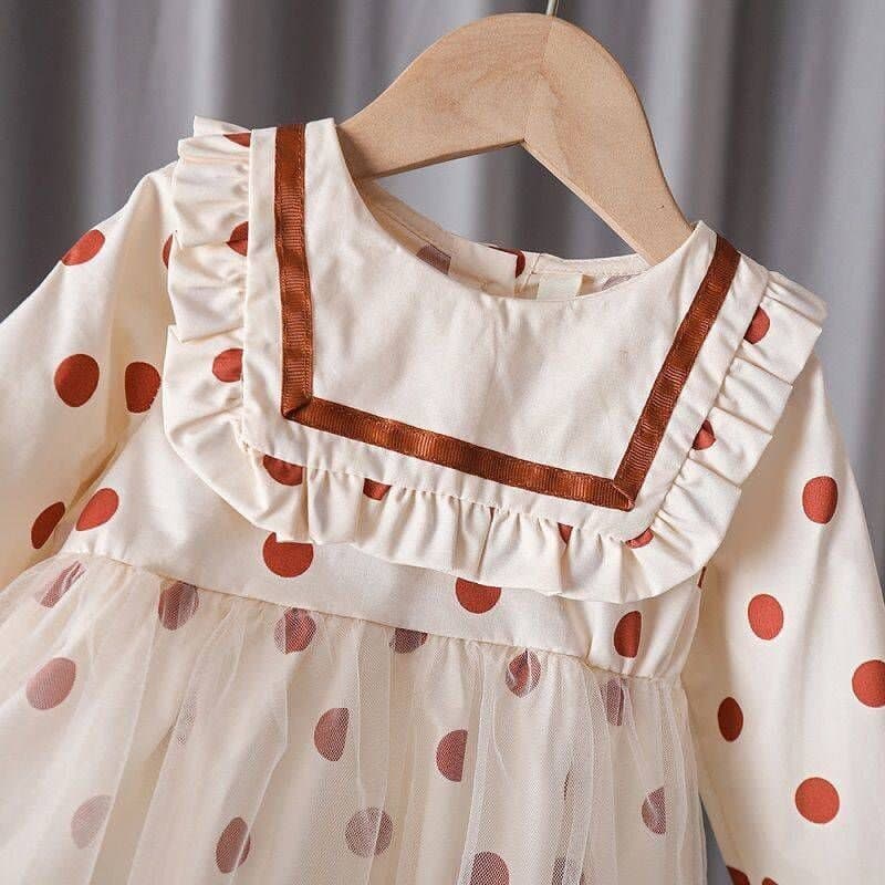 Promo !! Dress anak cewek simple / dress polka brown furing import ukuran 2-4tahun (cream hijau)