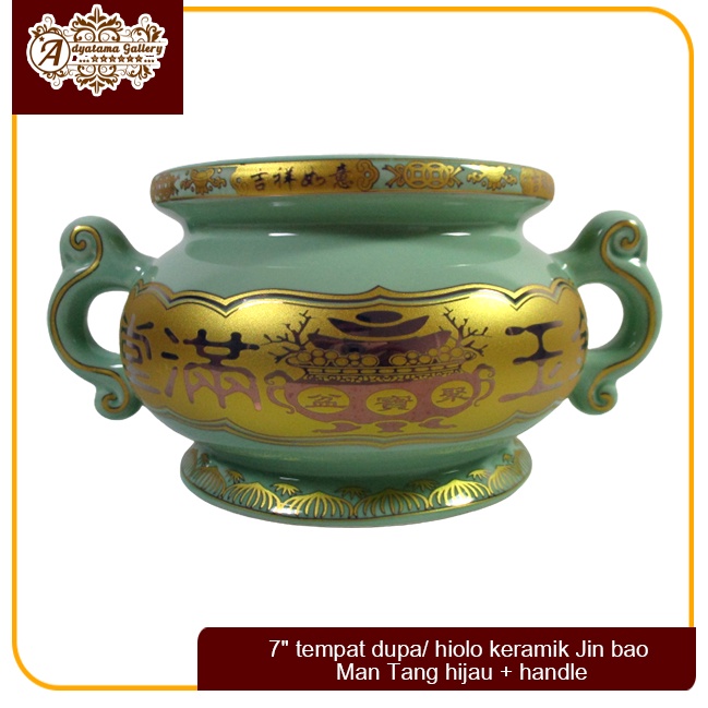 7" tempat dupa/ hiolo keramik Jin bao Man Tang hijau + handle