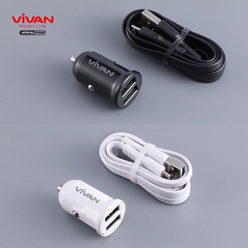 VIVAN Car Charger VCC01 2.4A Dual Port Small &amp; Portable with Charging Cable 100cm Garansi 1 Tahun