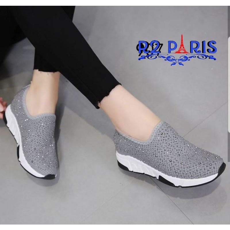 Unik Sepatu Slip On Wedges Wanita Jaring Bee Off Hitam Merah Hijau R2 Murah