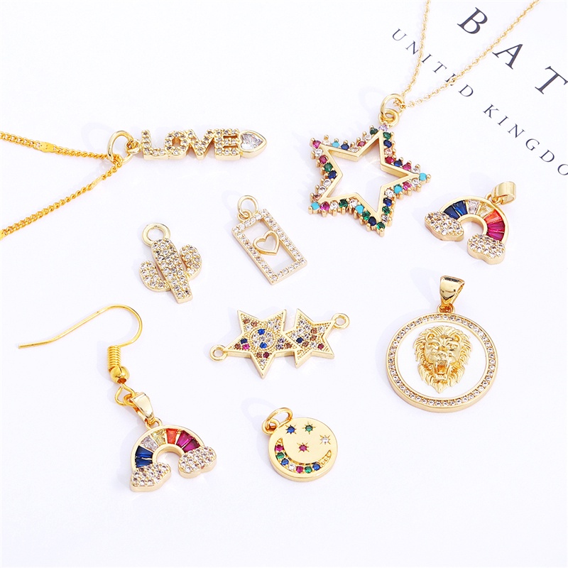 1Pc 7-24mm Gold Plated Zircon Brass Sun Moon Star Cacti Rainbow Charm Pendant for Bracelet Necklace Earring Making DIY Jewelry