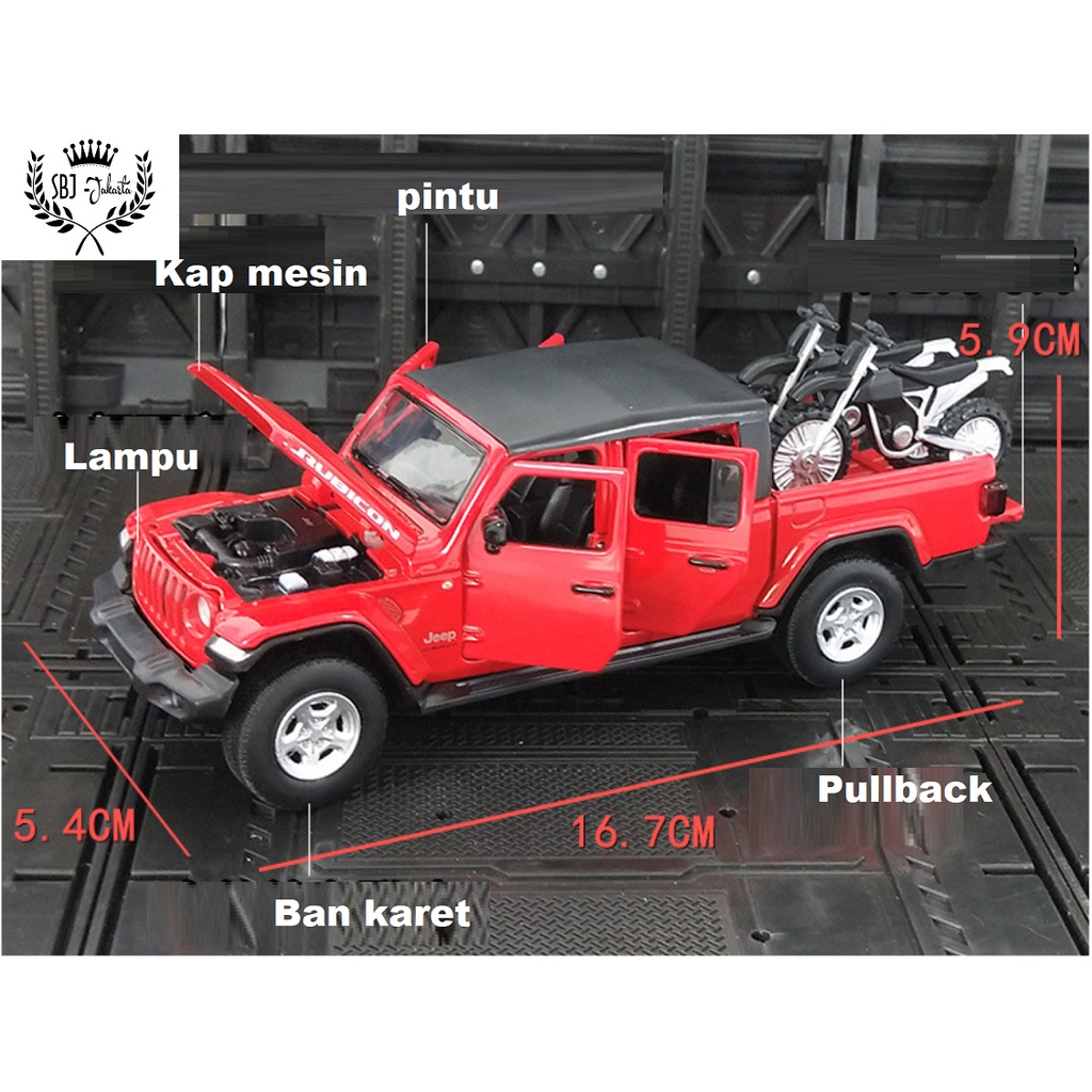 Diecast Mobil Jeep Rubicon Pickup Dengan Sepeda Motor Skala 1:32