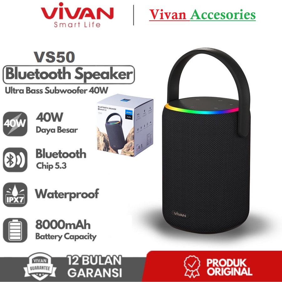 VIVAN VS50 Speaker Bluetoot 5.3 Ultra Bass Subwoofer 40W RGB Portable