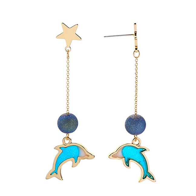 LRC Anting Tusuk Fashion Gold S925 Silver Needle Drip Dolphins Earrings F94044