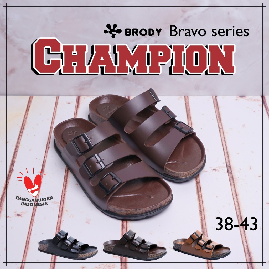 Brody CHAMPION  Sandal pria casual sendal slop sol puyuh kekinian model birken ban tiga gesper kulit keren