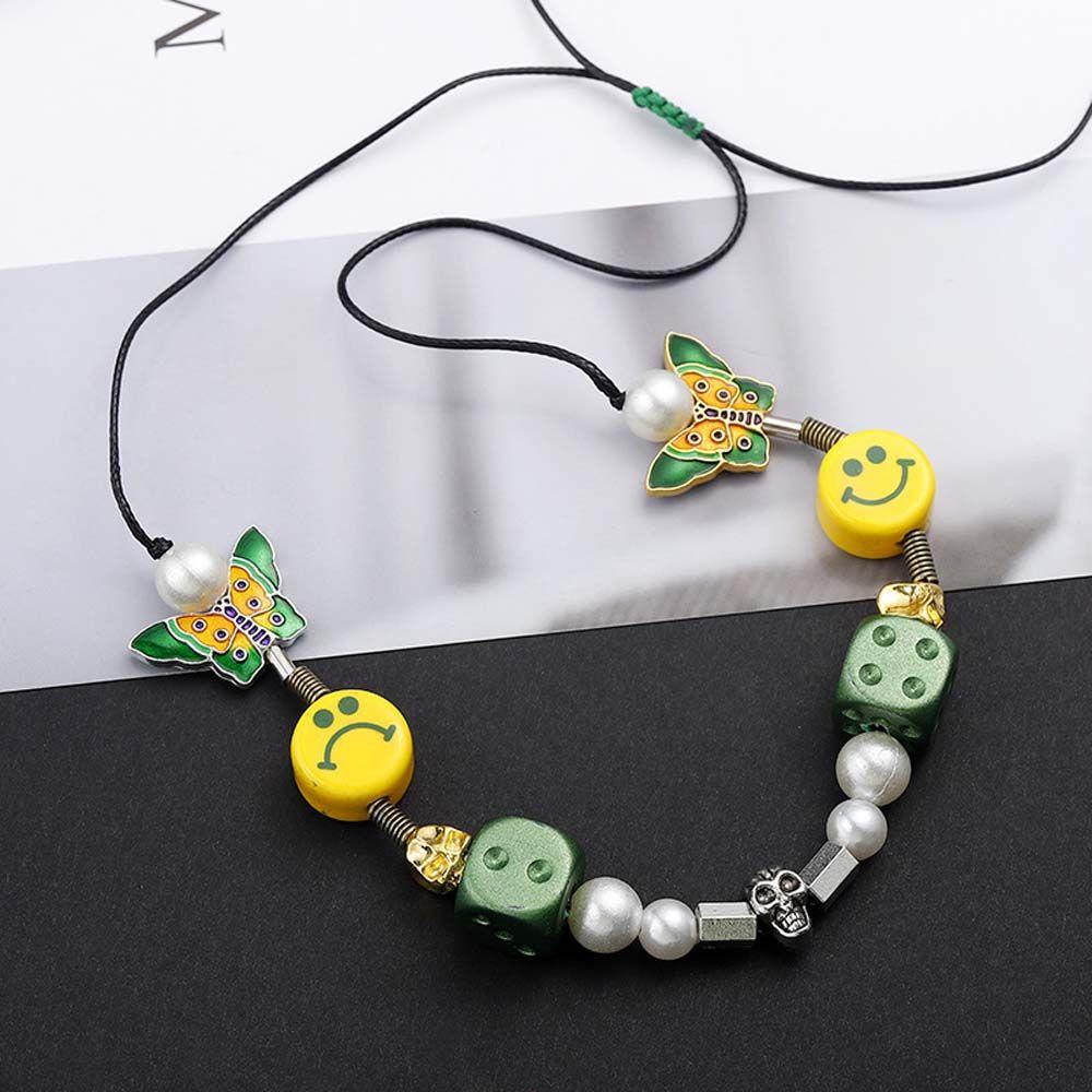 [Elegan] Pria Kalung Klasik Hip Hop Wanita Mutiara Manik-Manik Smiley Tengkorak Liontin Gaya Korea Kalung