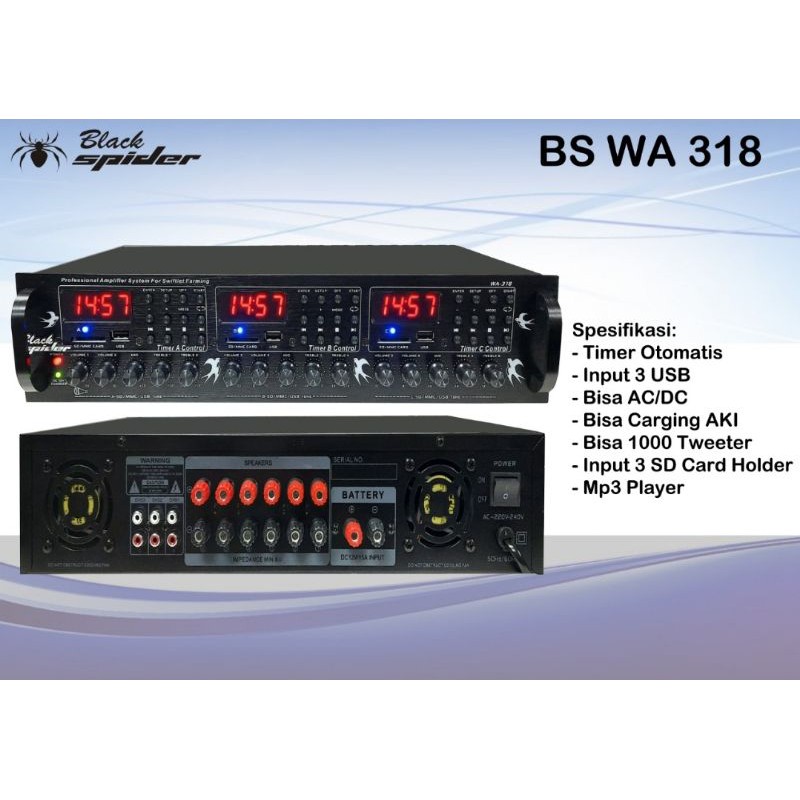 AMPLIFIER RUMAH BURUNG WALET BLACKSPIDER BS WA 318 3 PLAYER 6 CHANNEL BISA CHARGER AKI