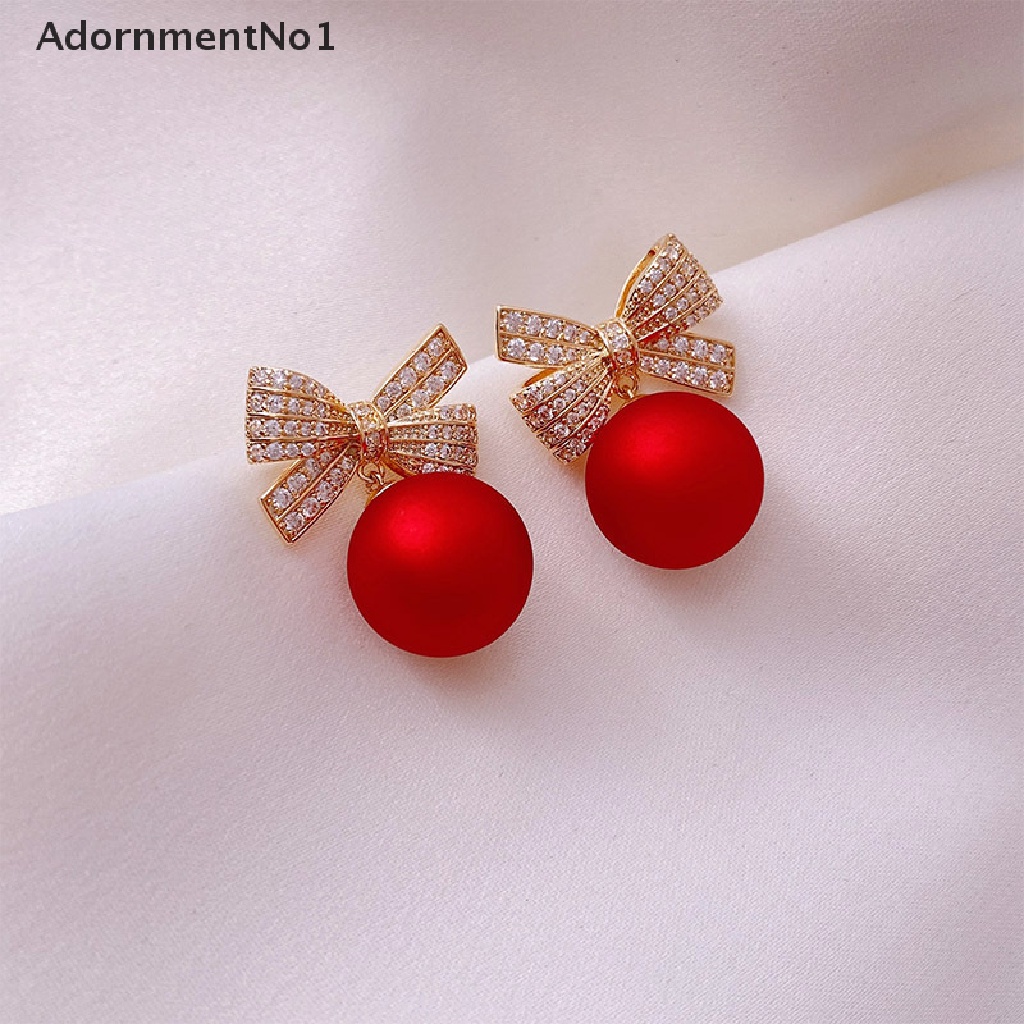 (AdornmentNo1) Anting Tusuk Gantung Pita Merah Aksen Mutiara Imitasi Untuk Wanita