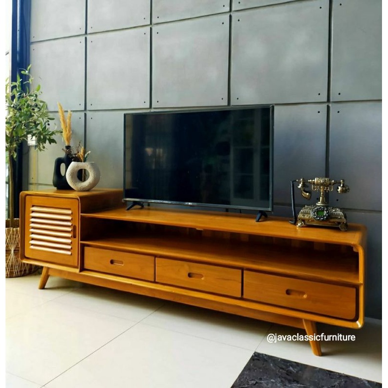 BUFET CABINET TV RETRO MINIMALIS VINTAGE PANJANG 2 METER BAHAN KAYU JATI GRADE A BUFFET DRAWER PAJANGAN RUANG TAMU KELUARGA MURAH FINISHING NATURAL FURNITURE JEPARA-2