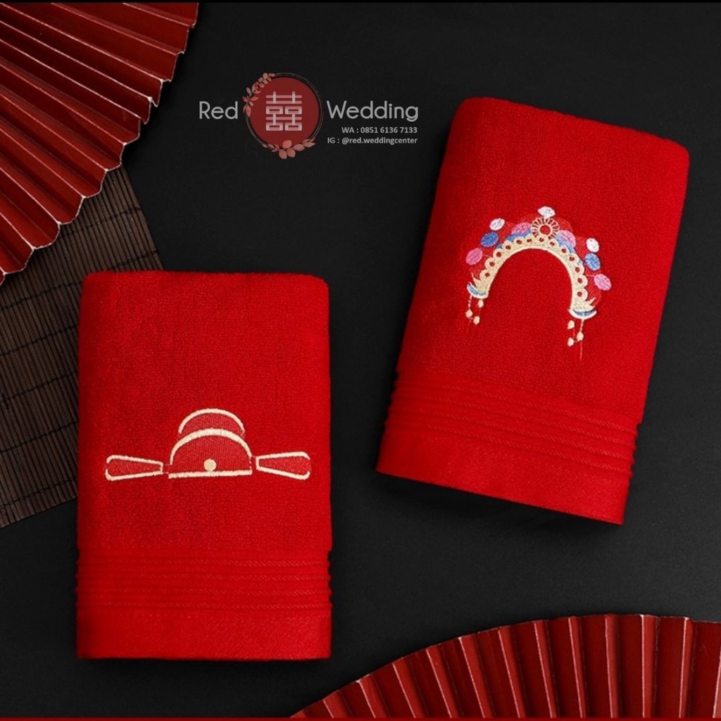 SEPASANG Handuk Merah tema Wedding Dengan Bordir Chinese Crown Pengantin (TANPA BOX)