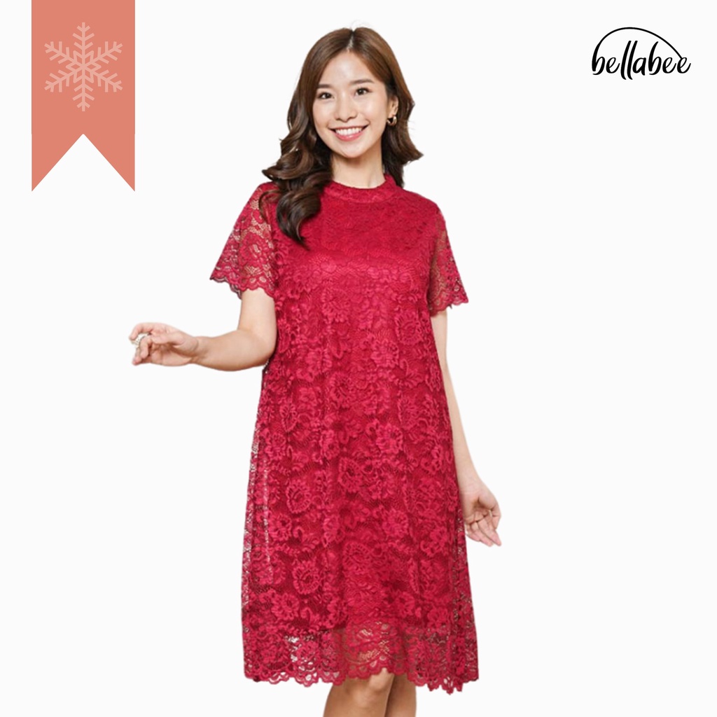 Taylor Dress - Baju Gaun Midi Lace Brukat Modern Wanita Lengan Pendek Warna Merah dan Hijau Elegant 
