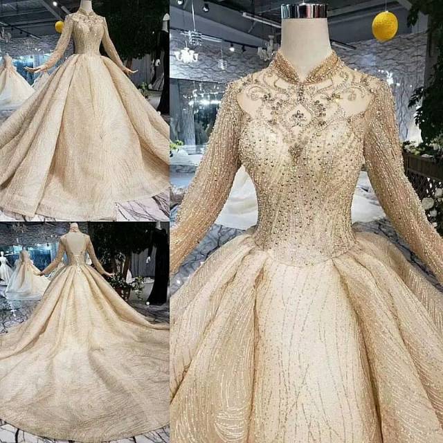 Gaun pengantin hijab - gaun pesta gold payet - gold wedding dress - gaun pengantin muslimah