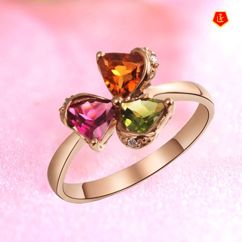 [Ready Stock]Elegant Personality Clover Colorful Gemstone Ring