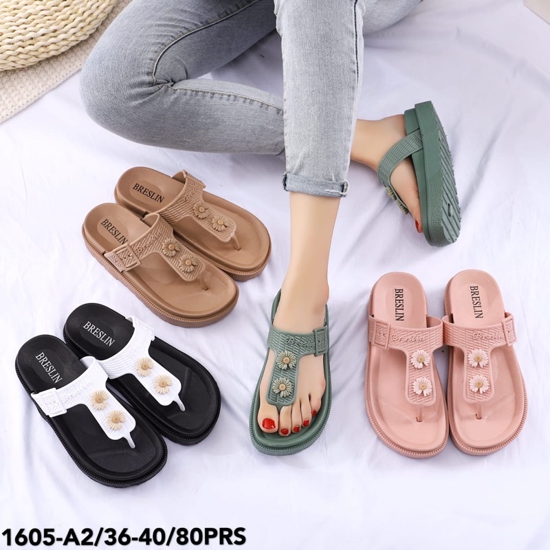 Sandal Jepit Jelly Breslin 1605-A2 Sandal Jepit Wanita Wedges  Motif Bunga Terbaru