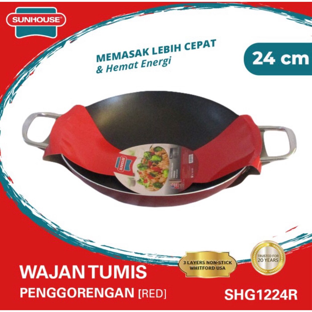 Wajan Tumis Sunhouse SHG 1224R Anti Lengket Hitam Merah 24Cm