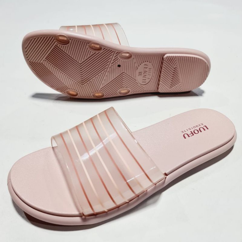 sandal wanita selop kokop Luofu terbaru nyaman sandal Luofu jelly kekinian motif selop garis garis sandal wanita empuk terbaru