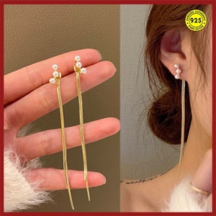 Anting Tusuk Gantung Sterling Silver 925 / Gold 18K Hias Mutiara Gaya Elegan Untuk Wanita