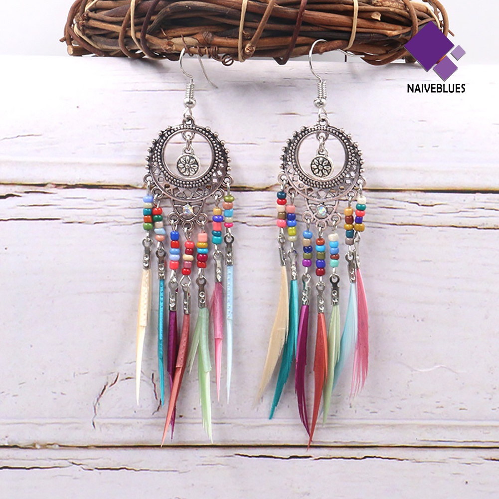 Anting Kait Gantung Desain Lingkaran Hollow Aksen Bulu Gaya Boho Untuk Wanita