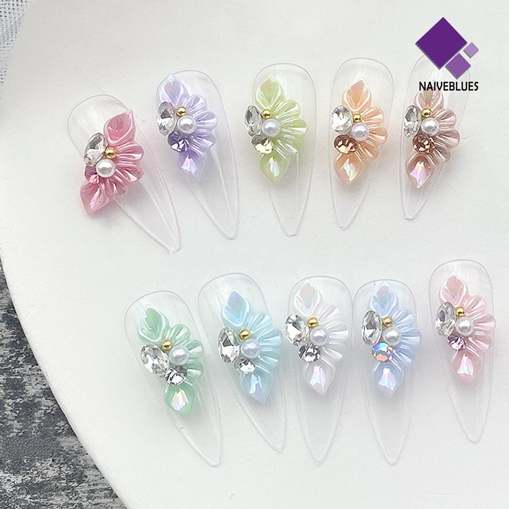 Naiveblue &gt; 10Pcs / Set Hiasan Kuku 3D Bentuk Bunga Aksen Mutiara Imitasi Bahan Resin Untuk Nail Art DIY