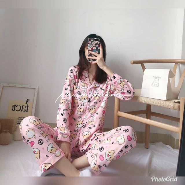 DW-39PP PiyamaWanita Dewasa / Baju Tidur Wanita Bahan Kaos Import Motip doggy