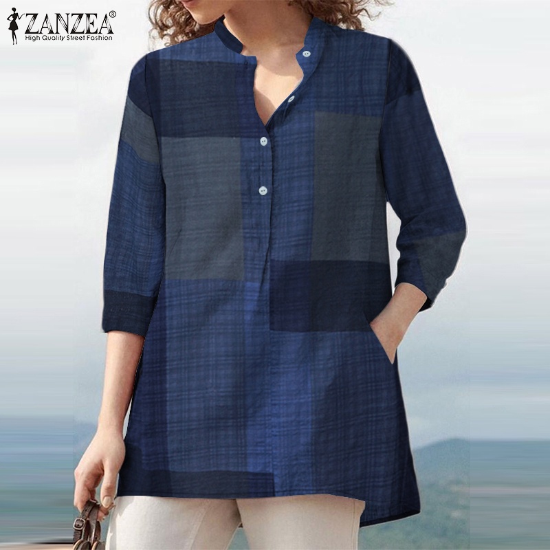 ZANZEA Women Lpng Sleeve Vintage Plaid Printed Loose V-Neck Blouse