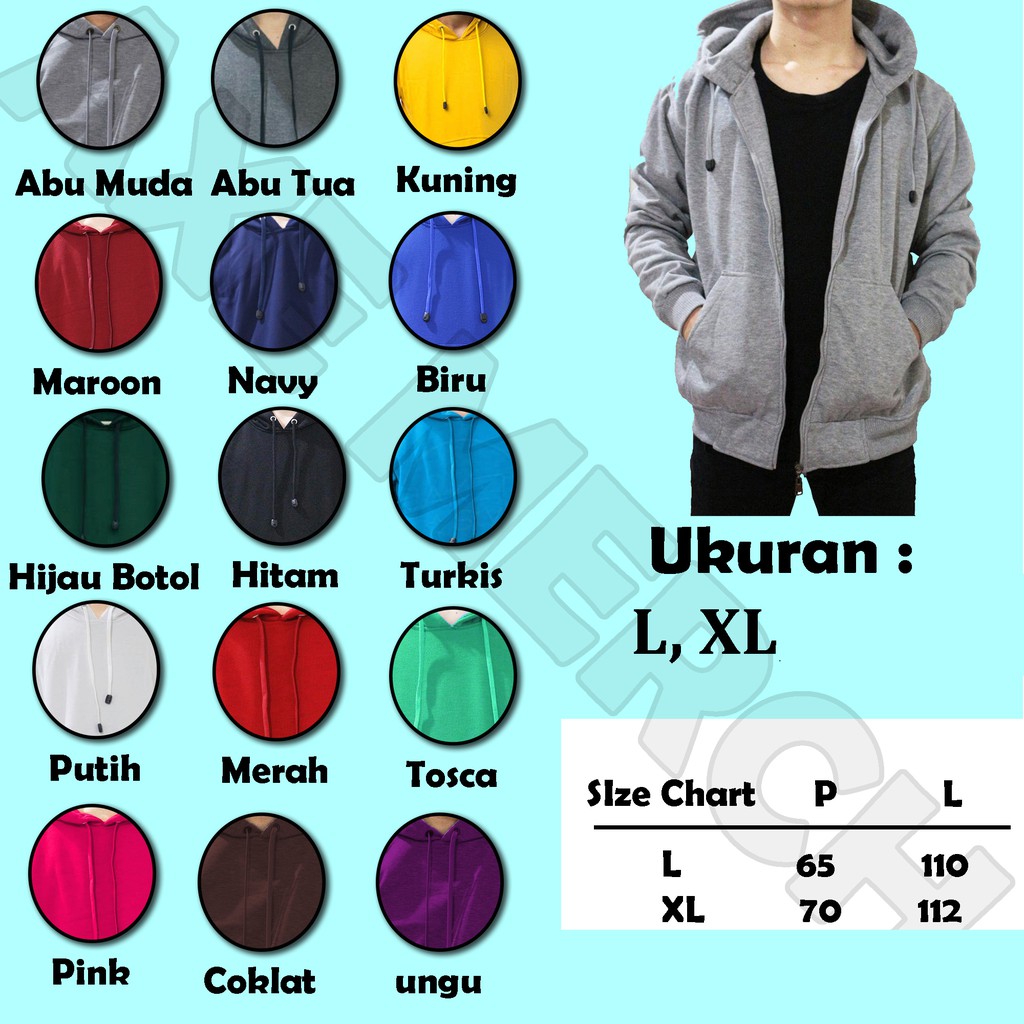 99% ready stock jaket hoodie zipper polos 18 warna L XL pria dan wanita