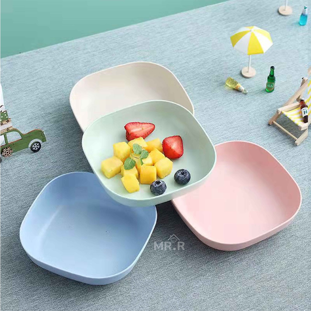 Piring Persegi Kecil Piring Buah Piring Sayur Piring Makanan Ringan Piring Plastik Mini Bahan Jerami Gandum BPA Free Warna Pink Biru Hijau Cream Perlengkapan Makan Rumah Wheat Straw Plate