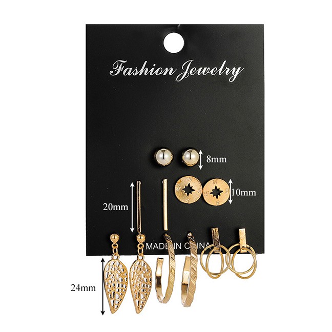 LRC Anting Set Fashion Gold Pearl Leaf Geometric Earring Set F88402