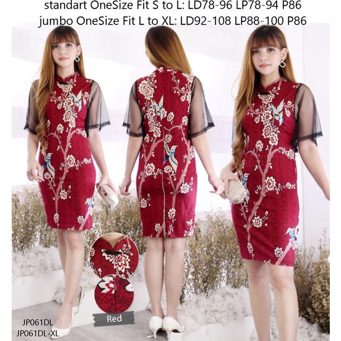 Mini Dress Batik Wanita Stretch Kombinasi Lace Shanghai Cheongsam - Merah, Jumbo Fit To Xl