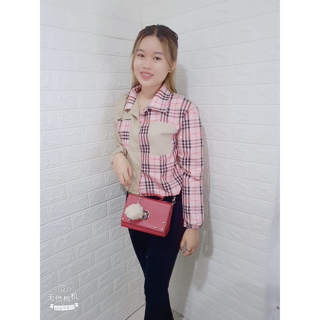 RILLO - PROMO MIKA CROP TOP BLOUSE / KEMEJA WANITA CROP TARTAN-KOTAK DUSTY BB