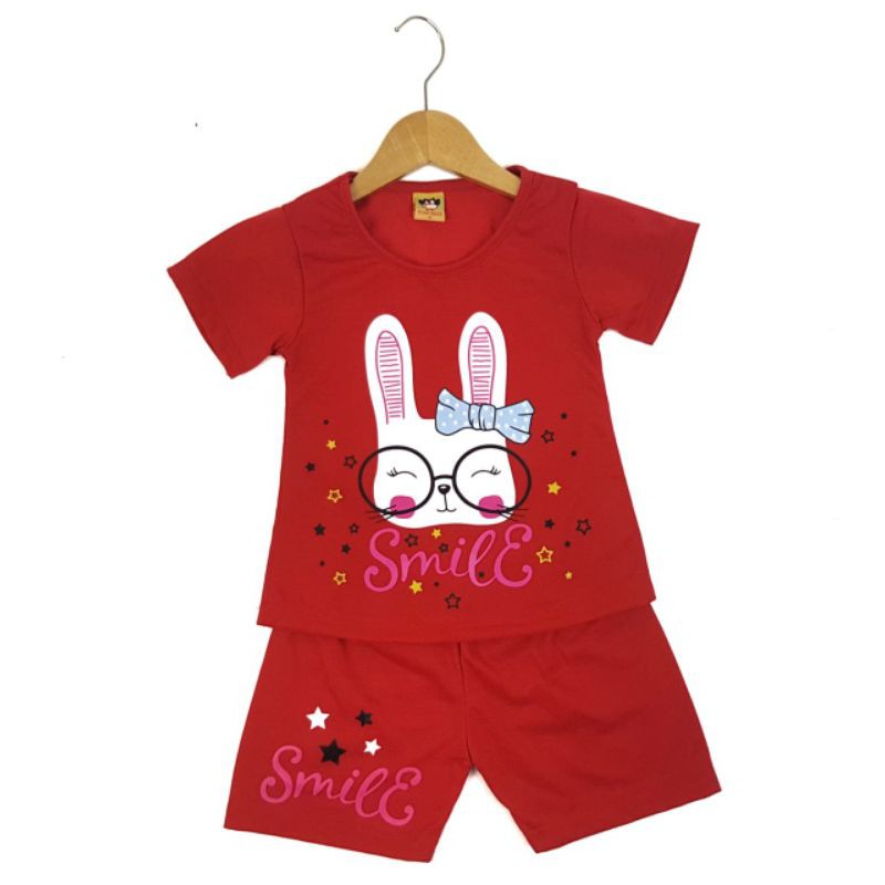 SETELAN BAJU ANAK PEREMPUAN SIKUNING MOTIF RABBIT SMILE 2-6 TAHUN NEW