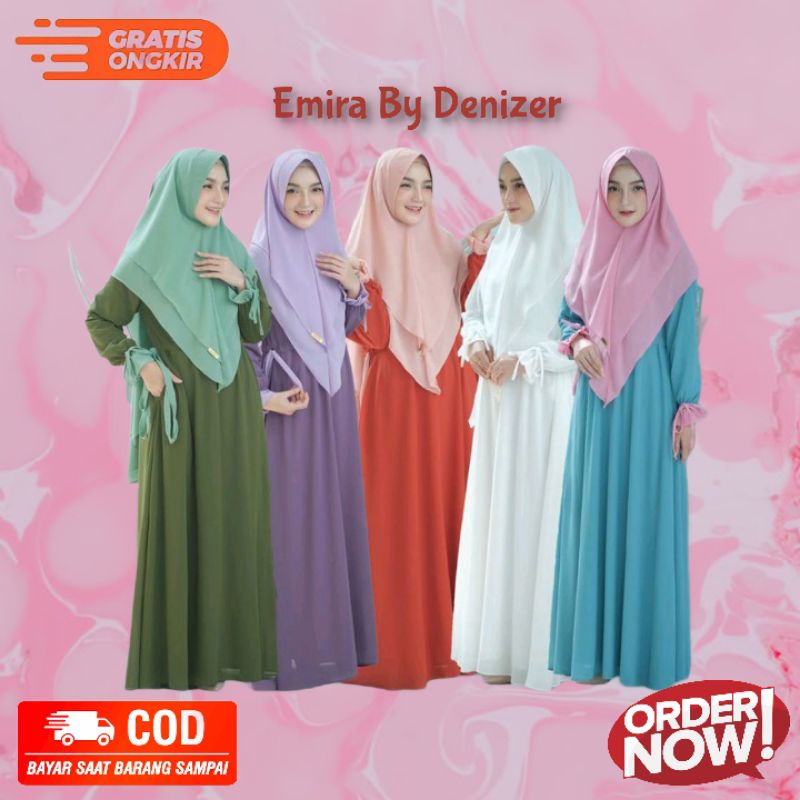 DENIZER Emira Gamis Lebaran Polos Syari Set Fashion Muslim Wanita Dewasa