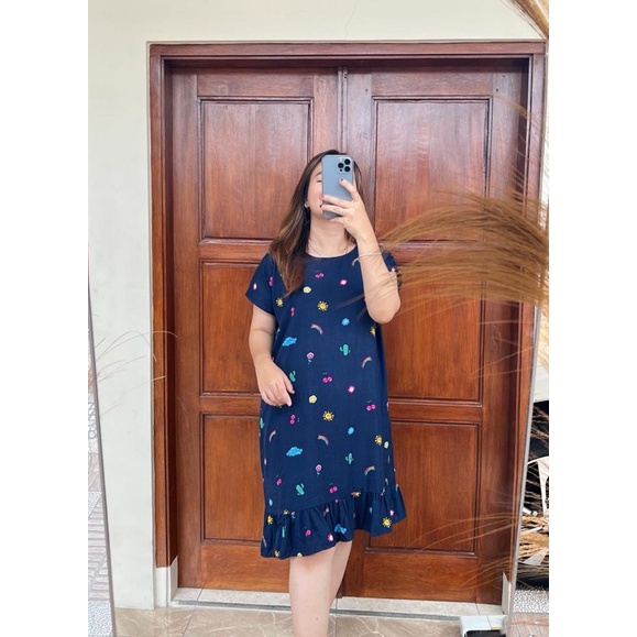 Daster Viral | Daster Ruffle Rayon | Daster Kekinian-Pelangi navy
