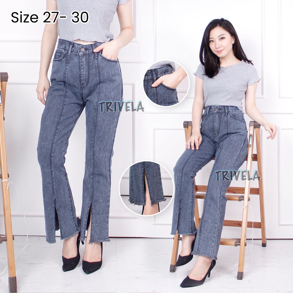 TRIVELA (FREE BELT) - Celana Jeans Wanita / Celana Jeans Wanita Cutbray Belah / Celana Jeans Boyfriend Elina Jumbo