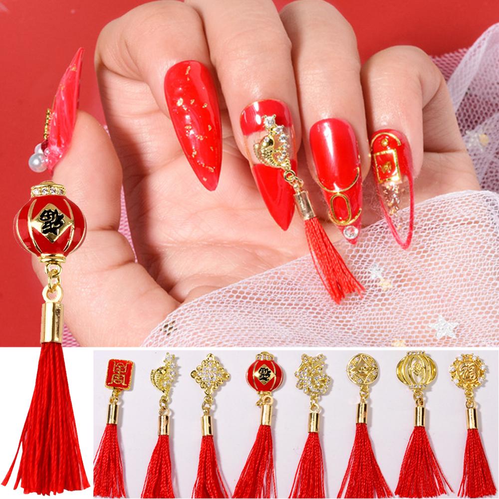 AUGUSTINA Agustina 3D Kuku Berlian Imitasi DIY Zirkon Merah Rumbai Manikur Kristal Simpul Cina