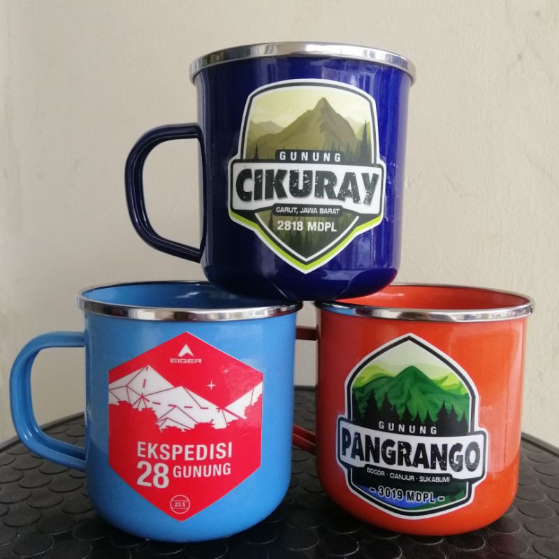 Premium Gelas Mug Enamel Stiker Gunung Outdoor Tebal Diameter 9 Cm Ukuran Besar - Cangkir Outdoor