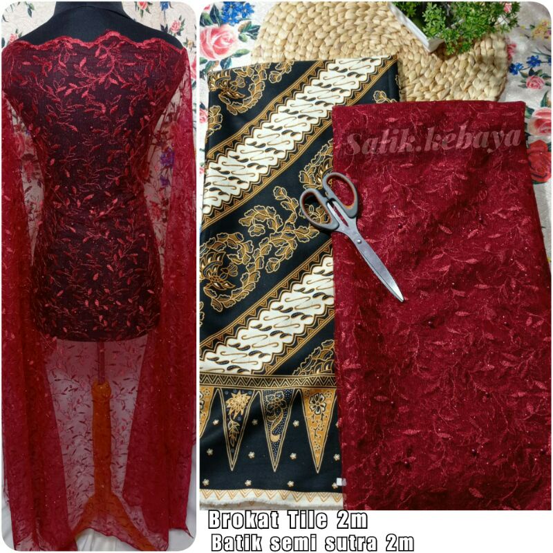 Paket Hemat Stelan Brokat Tile Dan Batik Semisutra Bahan Kebaya Tulle Setelan Batik/Set Batik kebaya