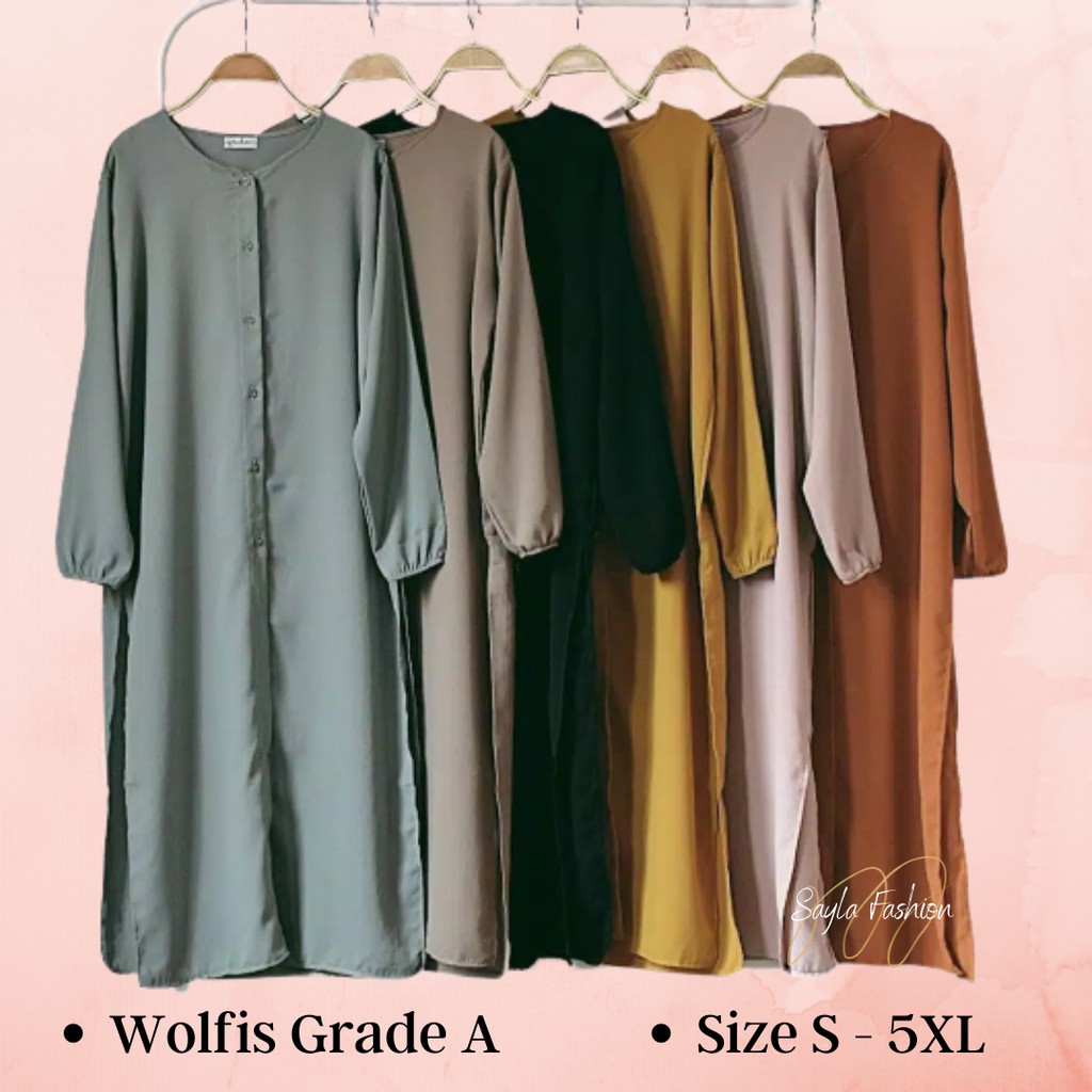 Atasan Fashion Muslim Long Tunik Wanita Wolfis Polos Premium Jumbo Kekinian Ld 120 130
