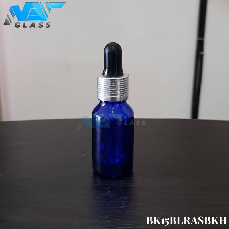 botol kaca pipet 15ml biru - ring almunium silver bergaris