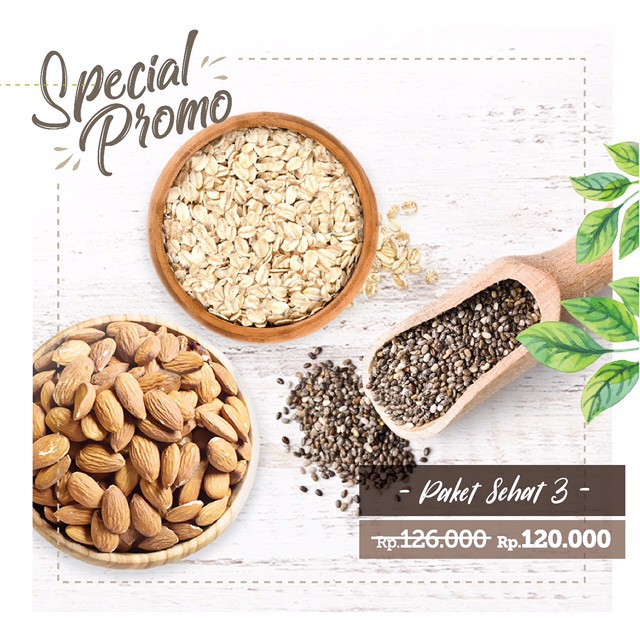 Paket Sehat 3 (500gr Rolled Oat, 250gr Organic Chia Seed, Roasted Almond)