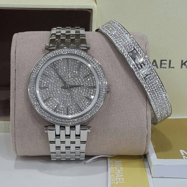 Jam tangan wanita MK full Diamond plus gelang rantai kotak silver