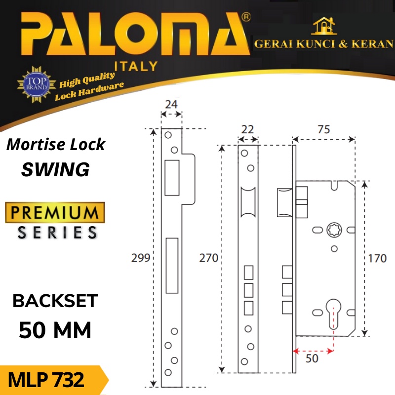 Body Kunci PALOMA MLP 732 PREMIUM SWING 50MM STAINLESS STEEL SUS 316 MORTISE LOCK