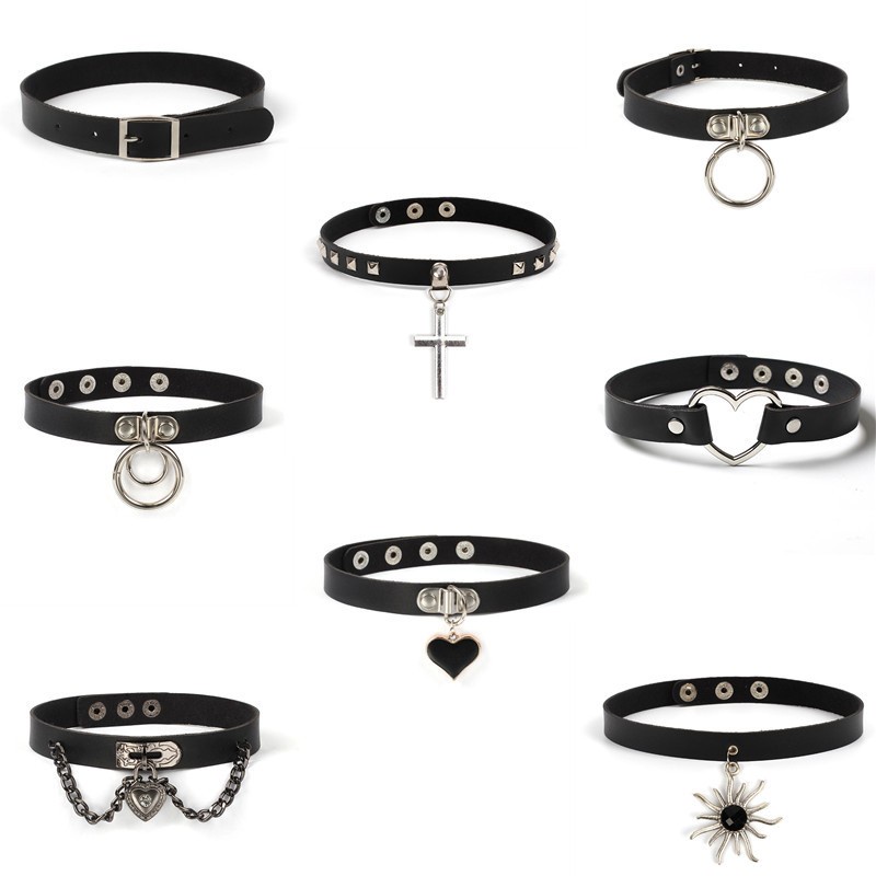 Kalung Choker Bahan Kulit Warna Hitam Gaya Gothic Rock Kpop Punk Untuk Wanita