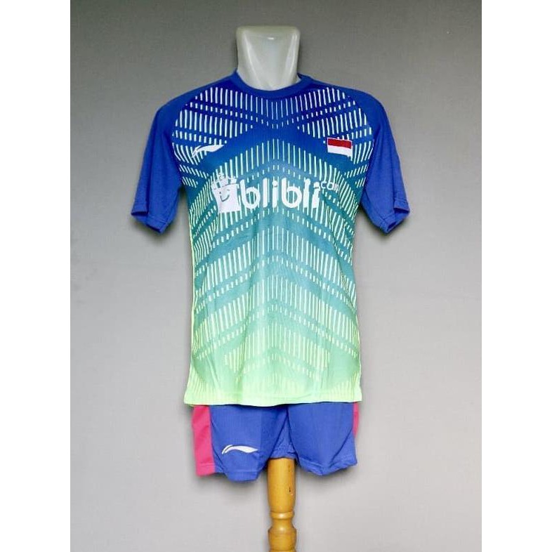 Baju Kaos Setelan Badminton Dewasa Lining L34 Biru - Size M