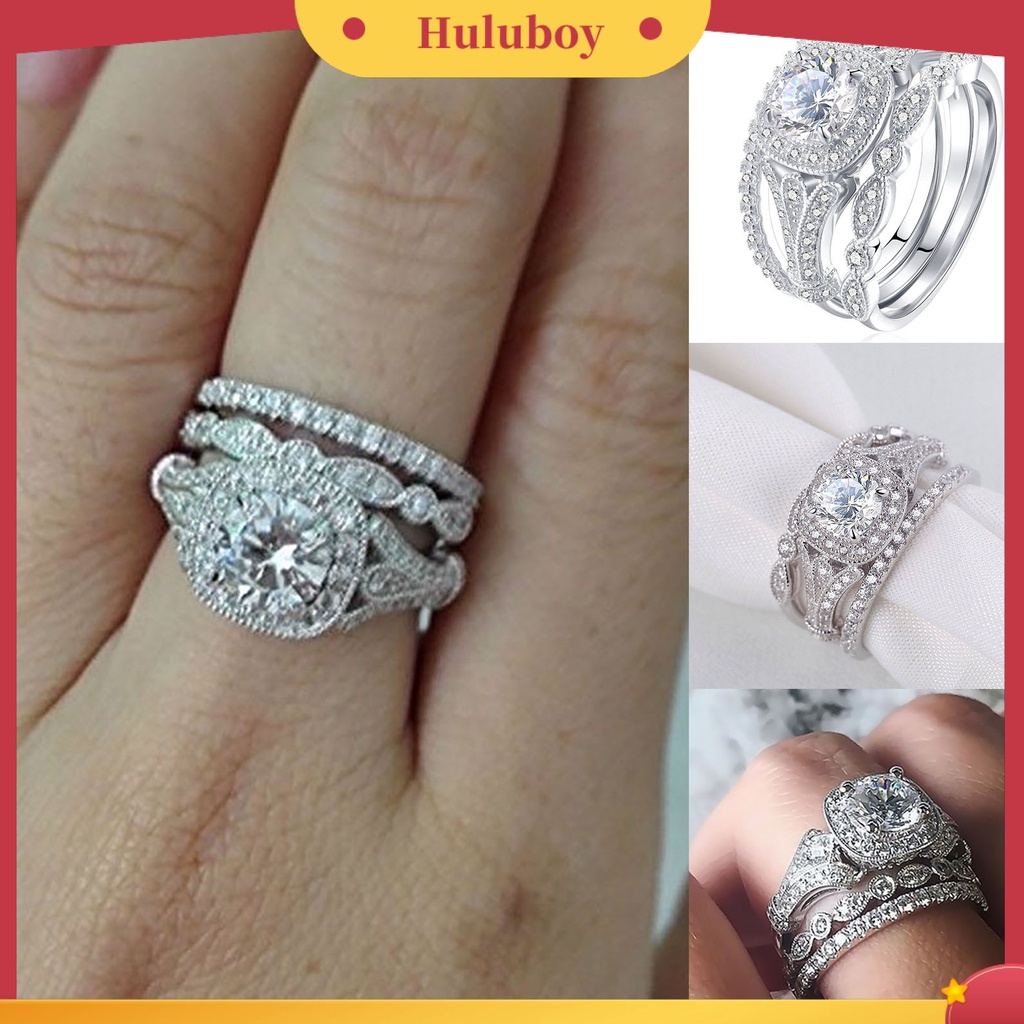 Hu Hu Hu Hu Hu Alat Bantu Pasang Kacamata♡ 3pcs Cincin Wanita Hias Kristal Gaya Populer Kreatif Berkilau Untuk Pertunanganpernikahan