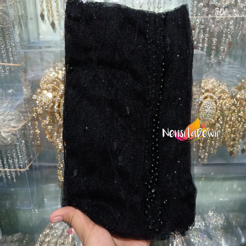 KERUDUNG PENGANTIN / VEIL MUTIARA MOTIF AKAR / VEIL MUTIARA POLOS / VEIL PENGANTIN-Hitam (Akar)