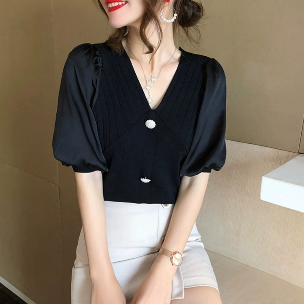 BLOUSE 3523 VANESA KNIT VNECK TOPS FASHION IMPORTIR PAKAIAN Wanita IMPOR TERMURAH Berkualitas IMPORT