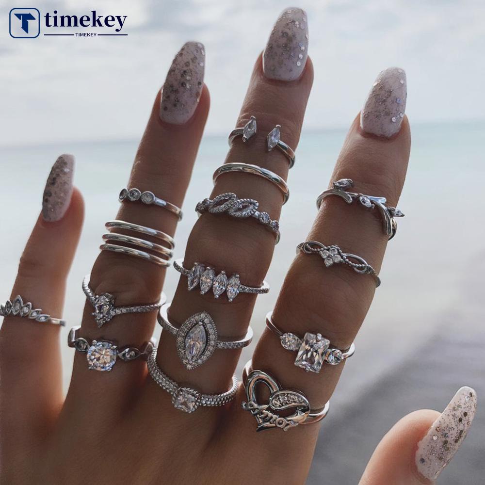 Timekey 15pcs / set Cincin Desain Geometri Hollow Hias Batu Permata Gaya Bohemian Untuk Wanita A5K7